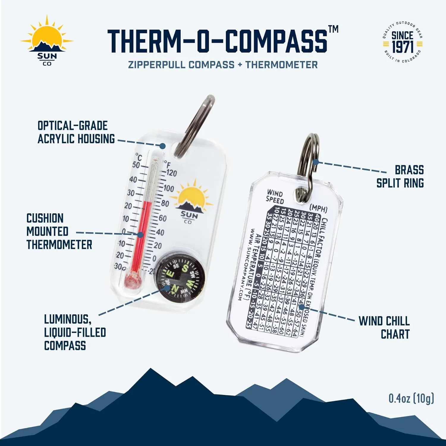 Sun Company Therm-o-Compass | Multi-Functional Zipper Pull Compass & Thermometer with Wind Chill Chart | Ideal for Camping, Hiking, and Outdoor Navigation