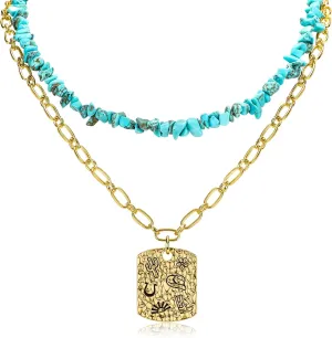 Vintage Layered Western Cowgirl Pendant Necklace for Women Turquoise Chip Stone Beads Choker Necklace Cowboy Hat Boot Horseshoe Pattern Charm Adjustable Gold Chain Boho Jewelry Gift for Women Men