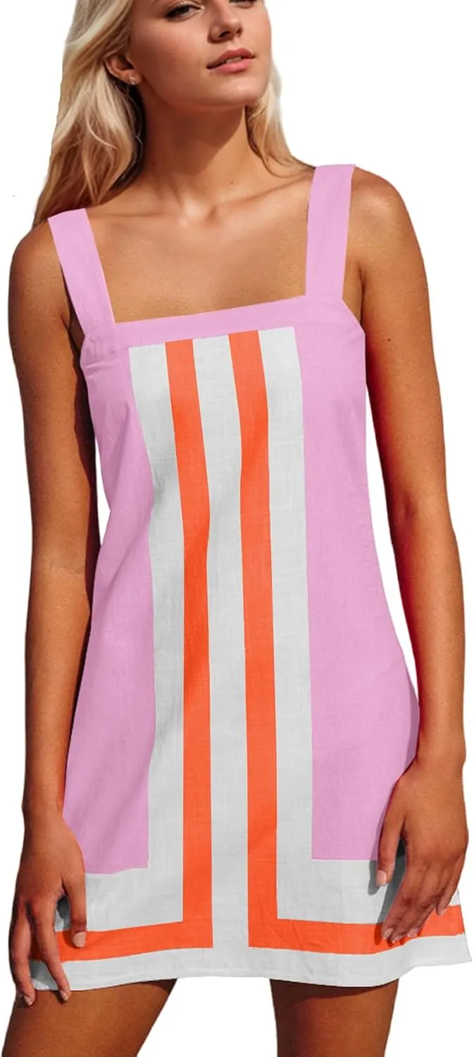 Women Multi-color Striped Mini Dress Color Block Summer Square Neck Sleeveless Backless Beach Cover Up Dress