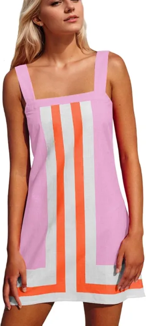 Women Multi-color Striped Mini Dress Color Block Summer Square Neck Sleeveless Backless Beach Cover Up Dress