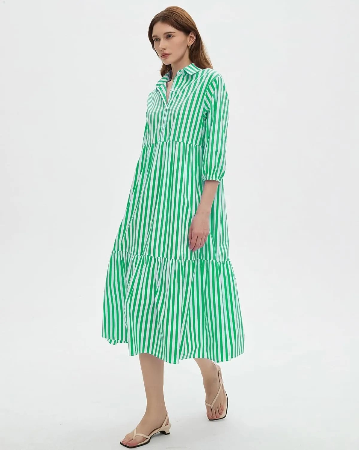 Womens Babydoll Striped Shirt Midi Dress Puff Long Sleeve Collared Button Tunic Flowy Swing Dresses