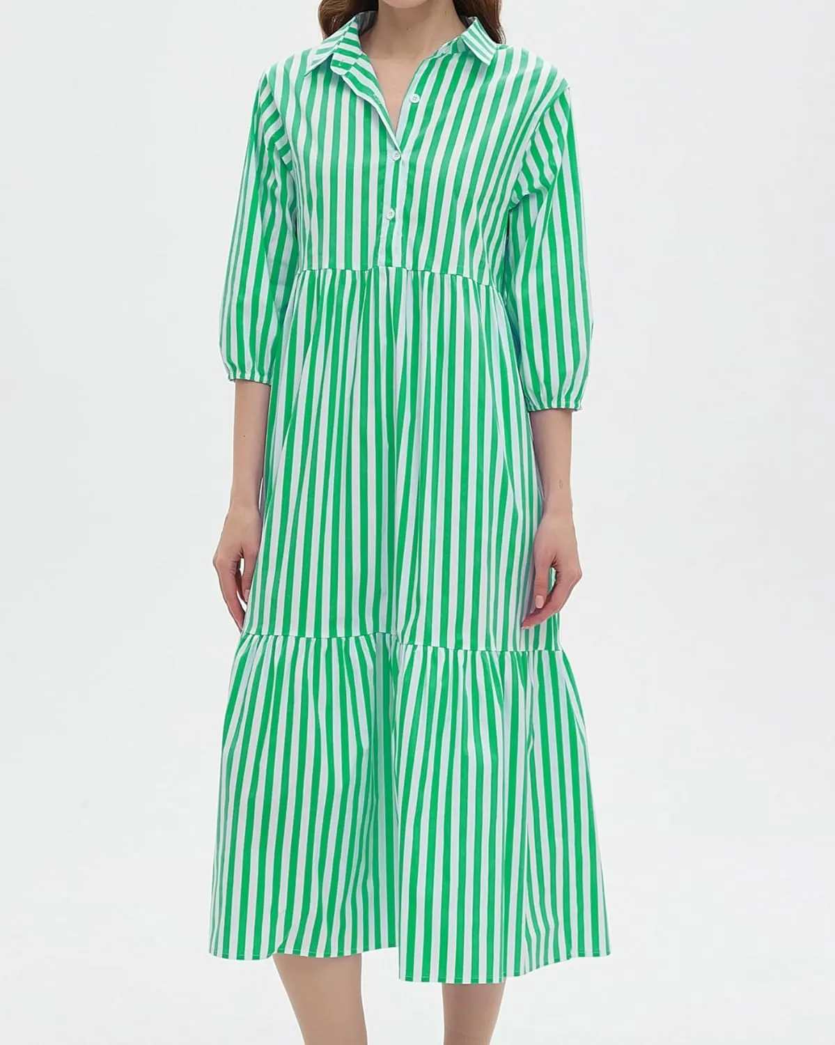 Womens Babydoll Striped Shirt Midi Dress Puff Long Sleeve Collared Button Tunic Flowy Swing Dresses