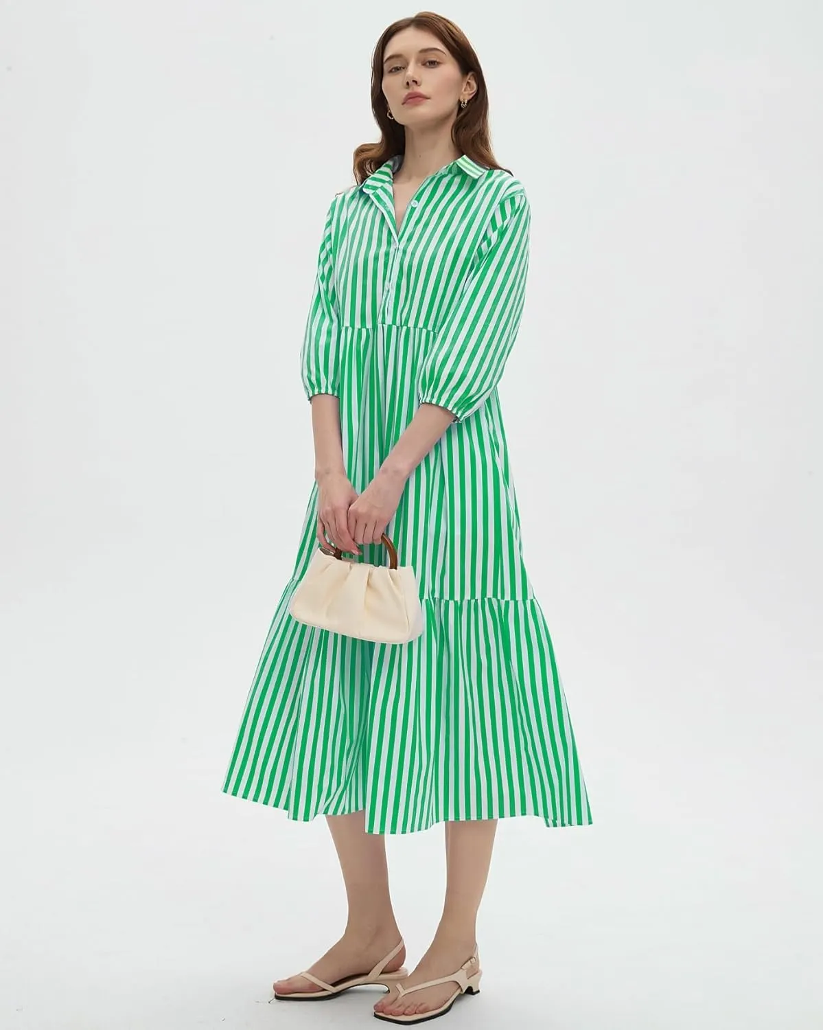 Womens Babydoll Striped Shirt Midi Dress Puff Long Sleeve Collared Button Tunic Flowy Swing Dresses