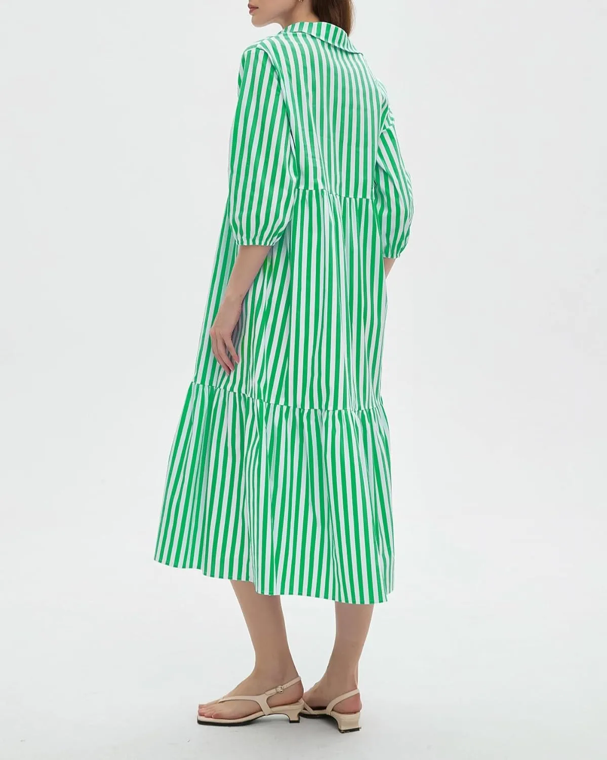 Womens Babydoll Striped Shirt Midi Dress Puff Long Sleeve Collared Button Tunic Flowy Swing Dresses