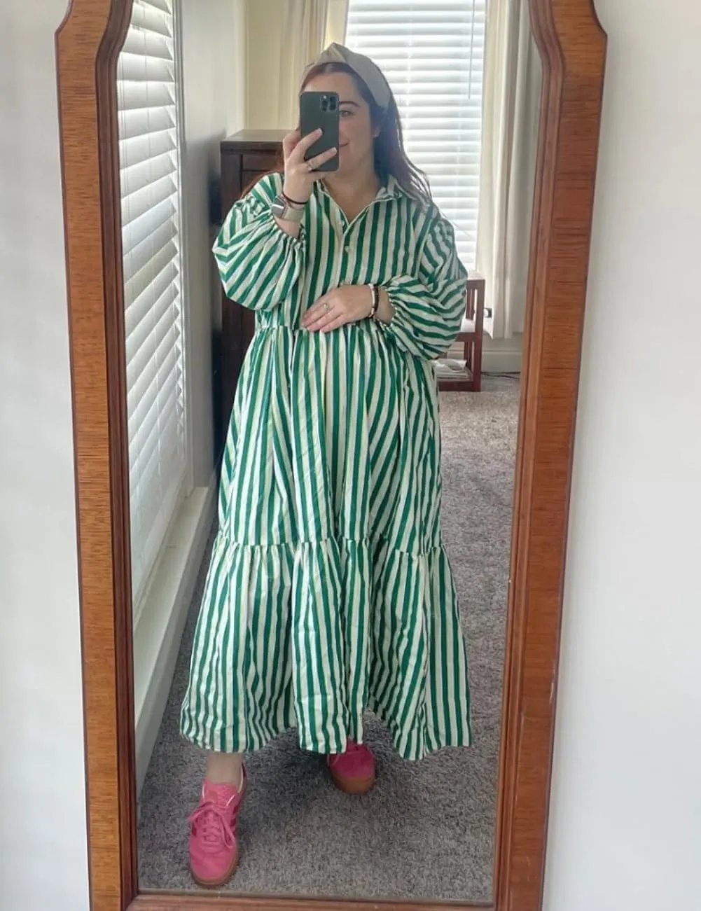 Womens Babydoll Striped Shirt Midi Dress Puff Long Sleeve Collared Button Tunic Flowy Swing Dresses